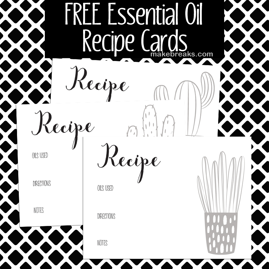 Free essential oils recipe cards in black and white for easy printing.