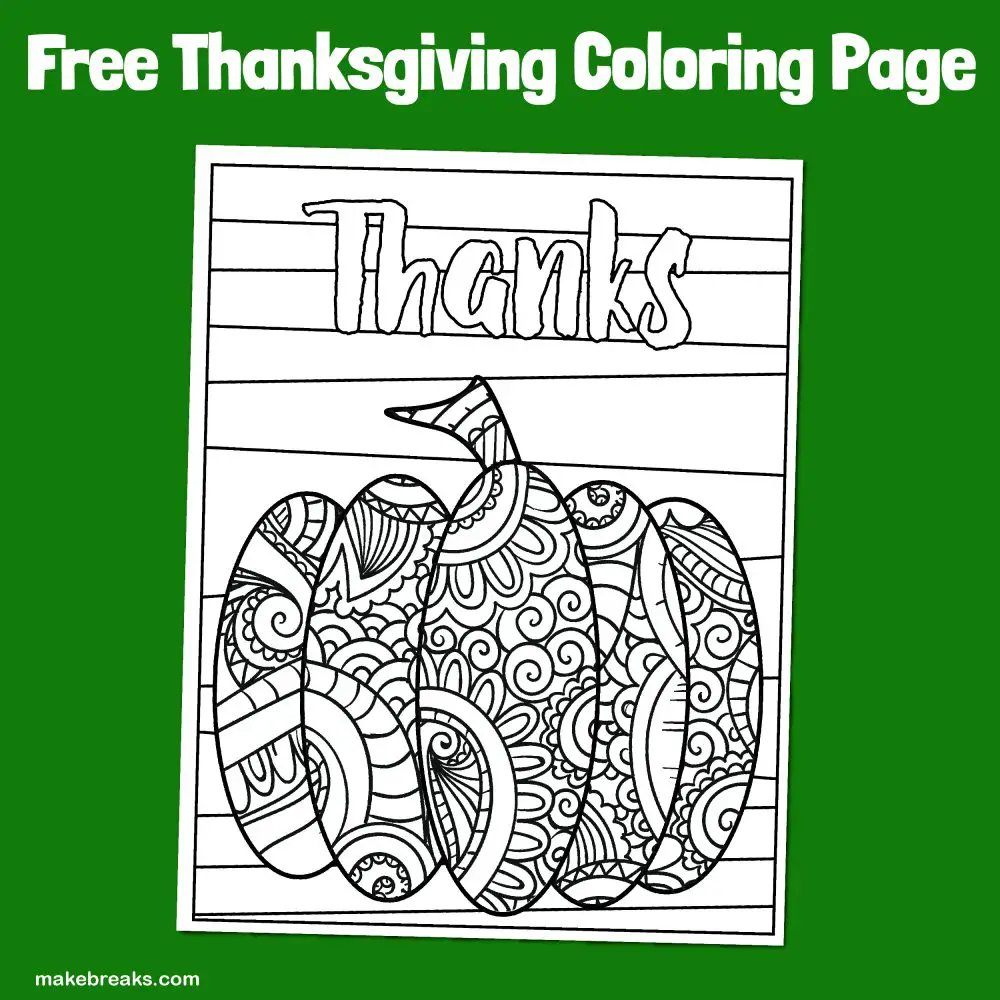 Free pumpkin thanks coloring page for Thanksgiving