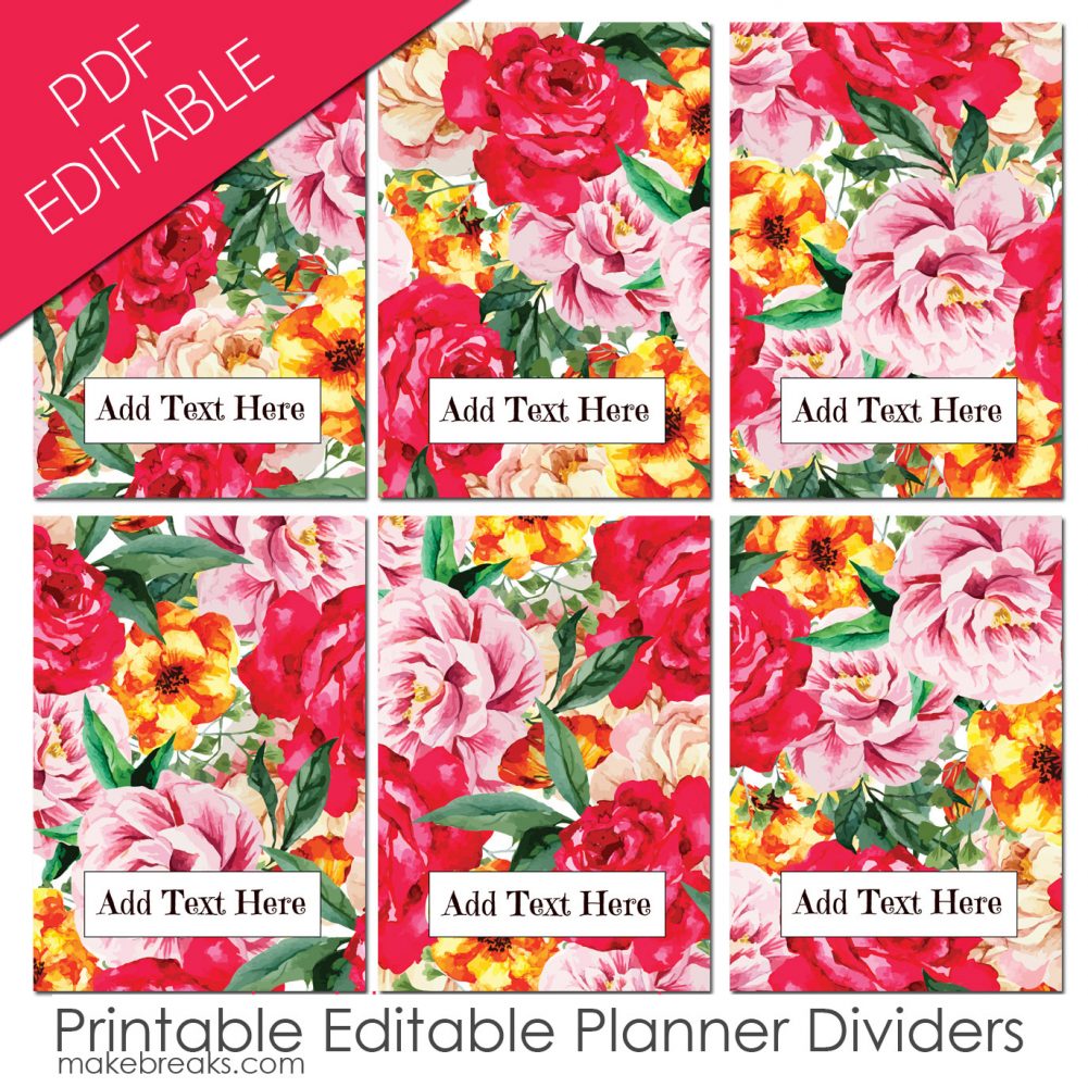 EDITABLE Free A5 Planner Dividers With Red Rose Pattern