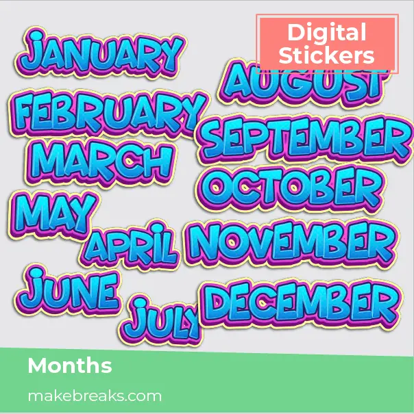 Free Blue Cartoon Month Headers Digital Planner Stickers