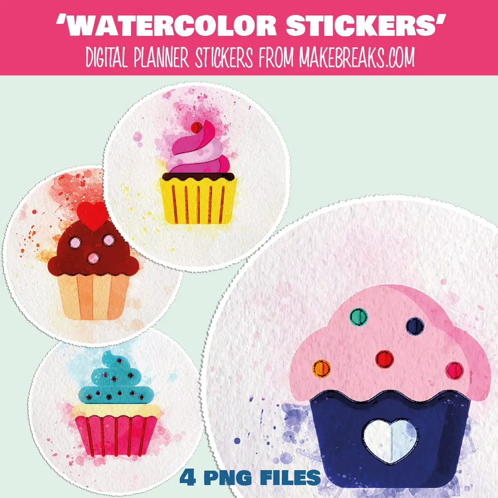 Free Digital Planner Stickers Watercolor Cupcakes – PNG Files