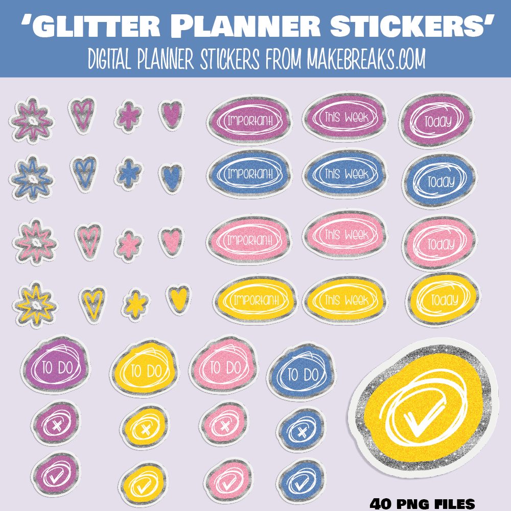 Scribbles and Doodles Digital Planner Stickers with Glitter Effect – PNG Files