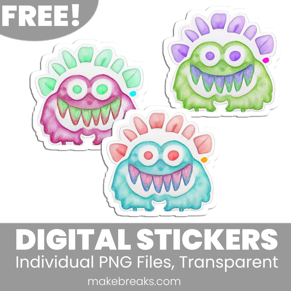 Free Colorful Watercolor Monster (Set 5) Digital Planner Stickers – PNG Files