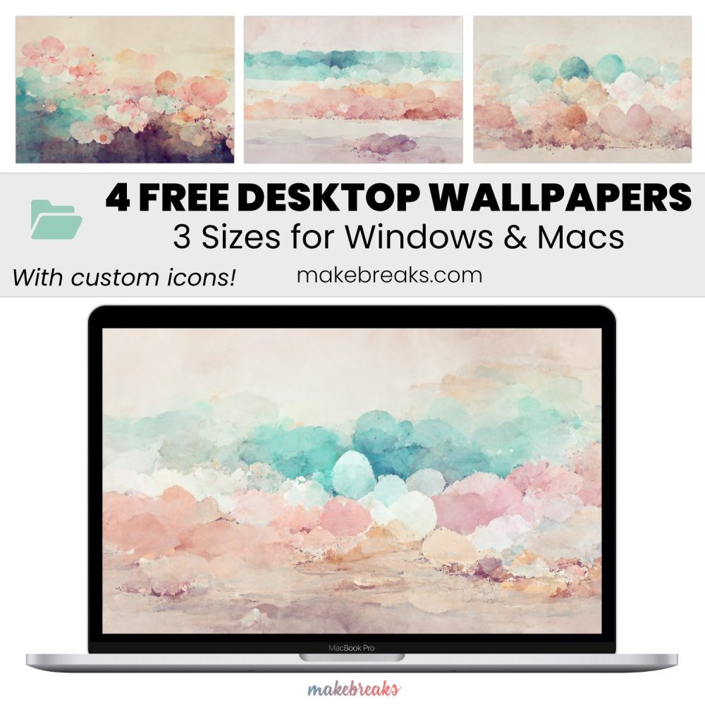 Pastel Watercolor Design Wallpaper – Free Aesthetic Desktop Organizers with Custom Icons, 4 Designs in 3 Ratios for Macs and Windows