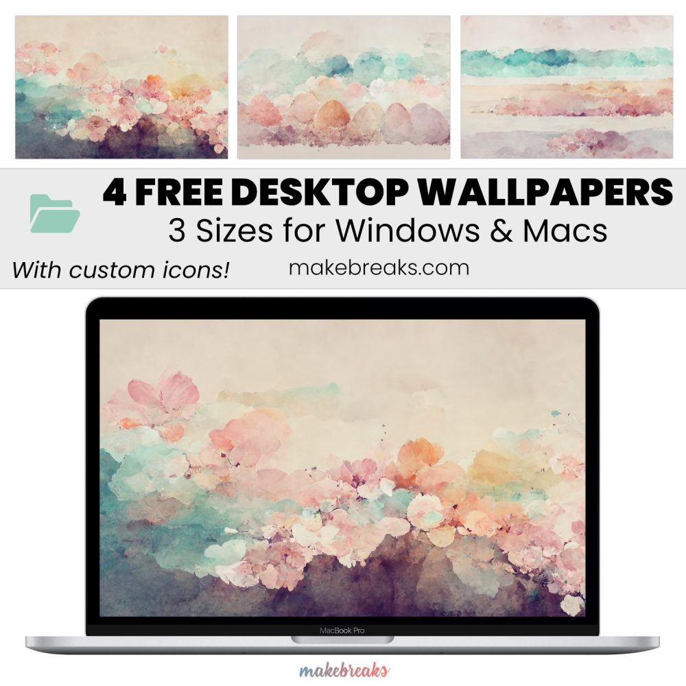 Pastel Watercolor Design Wallpaper SET 2 – Free Aesthetic Desktop Organizers with Custom Icons, 4 Designs in 3 Ratios for Macs and Windows