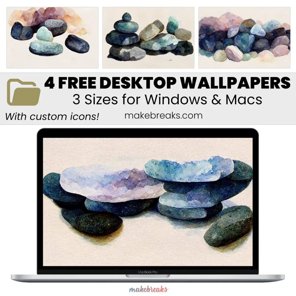 Blue Zen Pebbles Wallpaper – Free Aesthetic Desktop Organizers with Custom Icons, 4 Designs in 3 Ratios for Macs and Windows