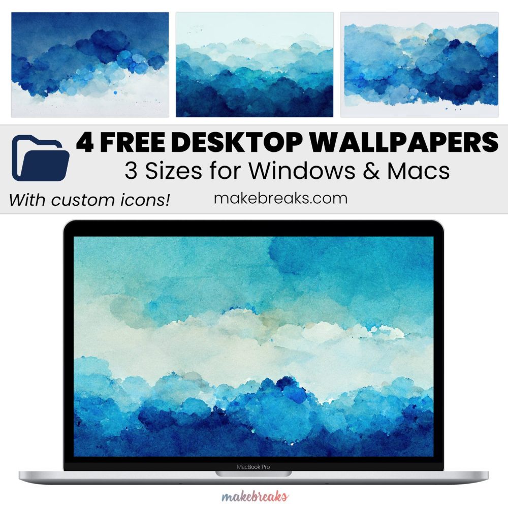 Blue Watercolor Wash Wallpaper – Free Aesthetic Desktop Organizers with Custom Icons, 4 Designs in 3 Ratios for Macs and Windows