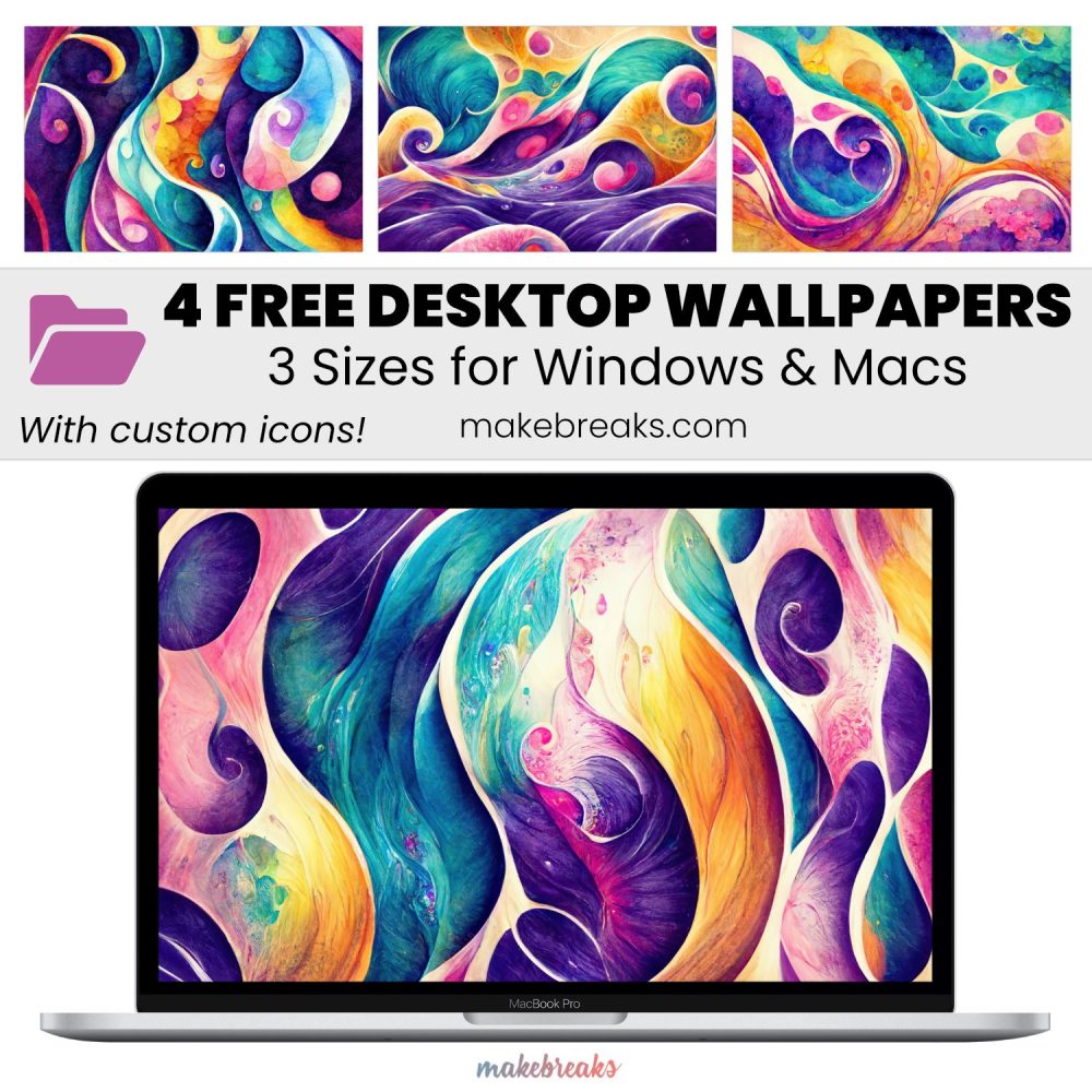 Colorful Watercolor Swirls Wallpaper SET 1- Free Aesthetic Desktop Organizers with Custom Icons, 4 Designs in 3 Ratios for Macs and Windows