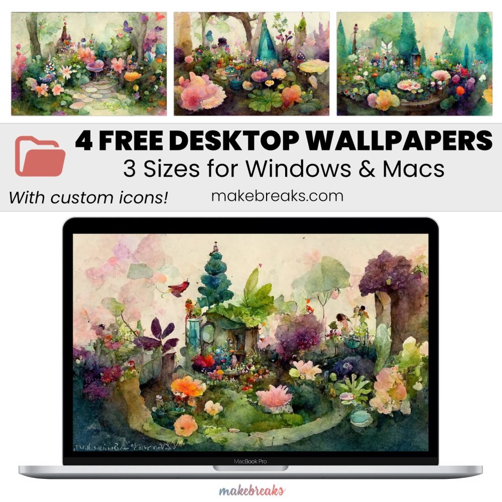 Whimsical Garden Wallpaper SET 4- Free Aesthetic Desktop Organizers with Custom Icons, 4 Designs in 3 Ratios for Macs and Windows