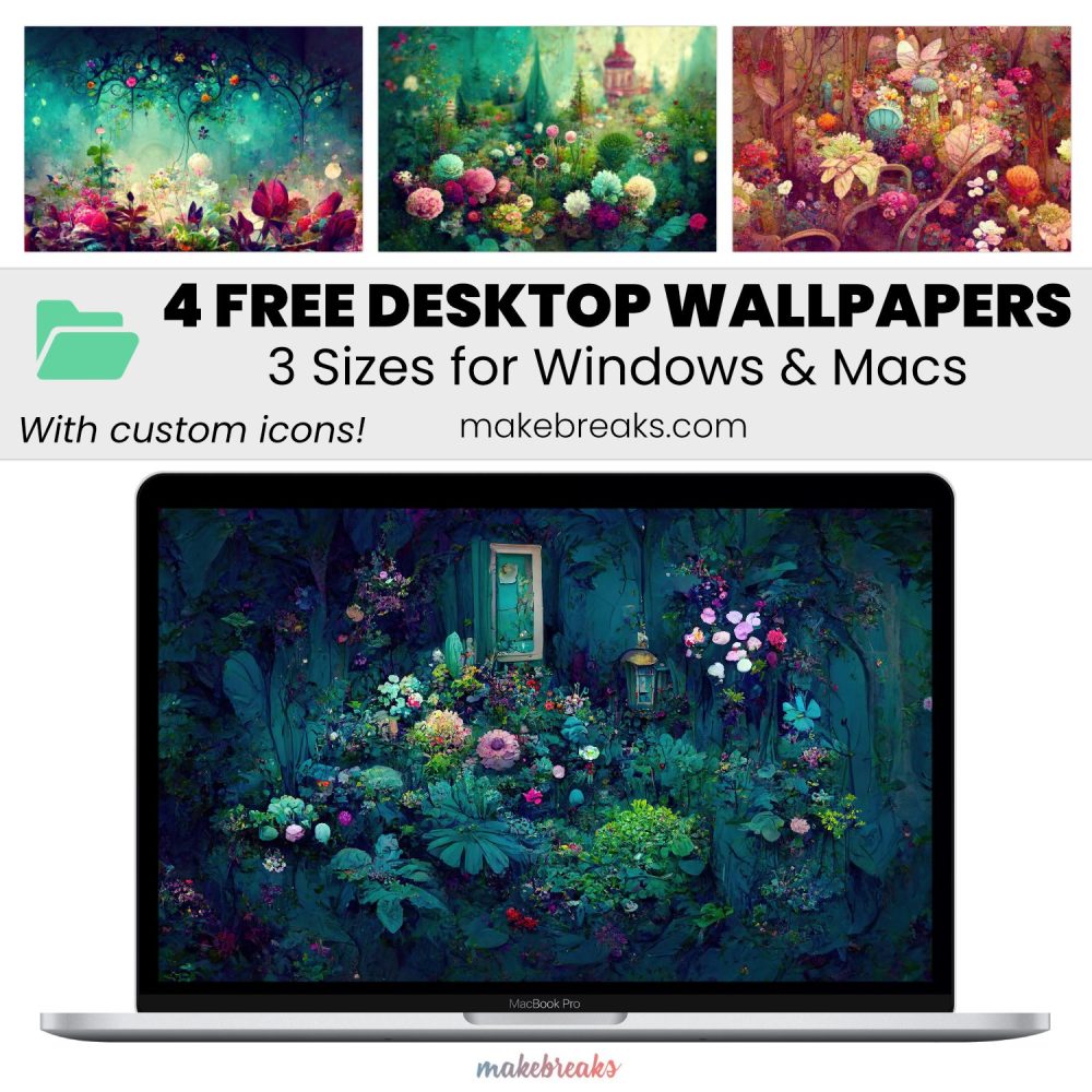 Whimsical Garden Wallpaper SET 2-3 – Free Aesthetic Desktop Organizers with Custom Icons, 4 Designs in 3 Ratios for Macs and Windows