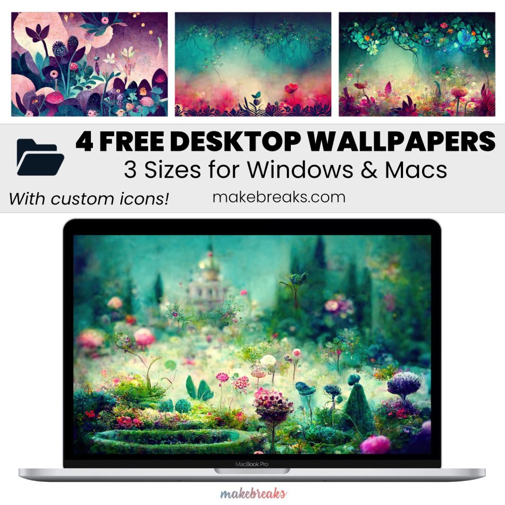 Whimsical Garden Wallpaper SET 2-4 – Free Aesthetic Desktop Organizers with Custom Icons, 4 Designs in 3 Ratios for Macs and Windows