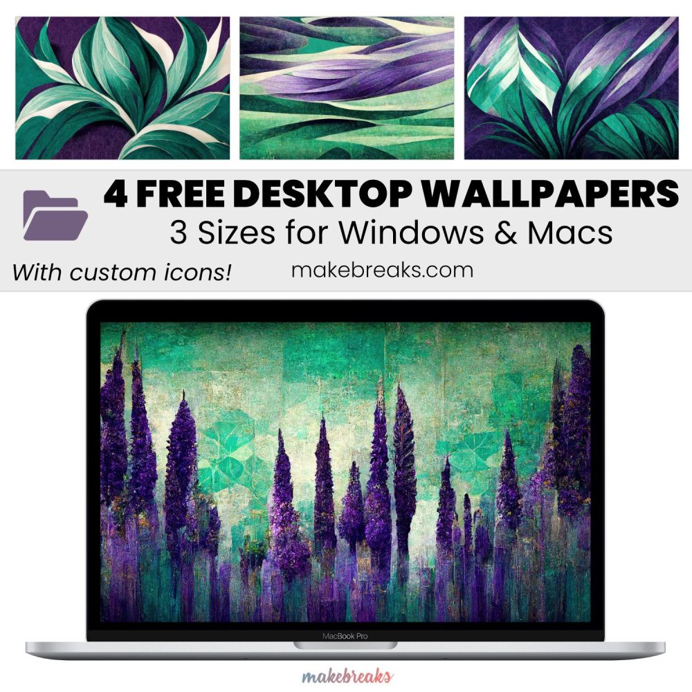 Green & Purple Boho Wallpaper – Free Aesthetic Desktop Organizers with Custom Icons, 4 Designs in 3 Ratios for Macs and Windows