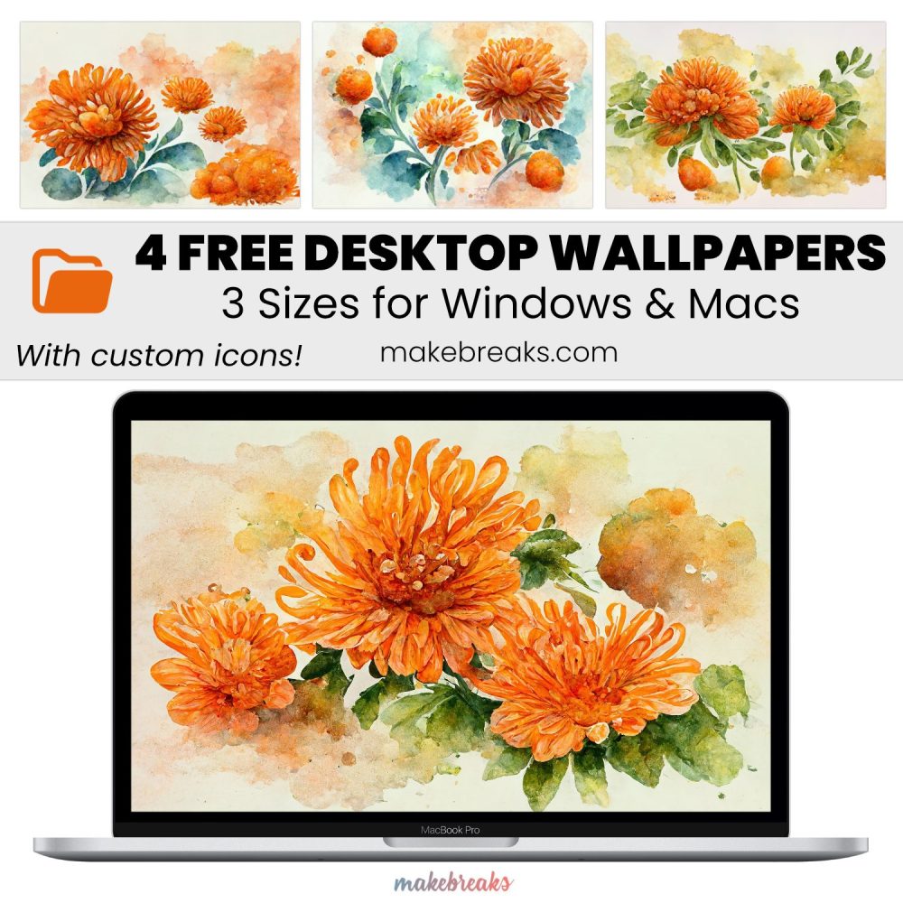 Orange Chrysanthemums Flower Wallpaper- Free Aesthetic Desktop Organizers with Custom Icons, 4 Designs in 3 Ratios for Macs and Windows