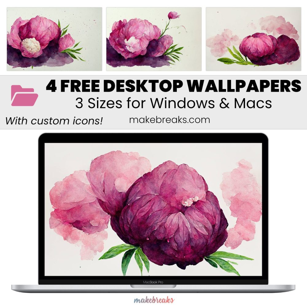 Peony Flower Wallpaper SET 1 – Free Aesthetic Desktop Organizer Backgrounds with Custom Icons, 4 Designs in 3 Ratios for Macs and Windows