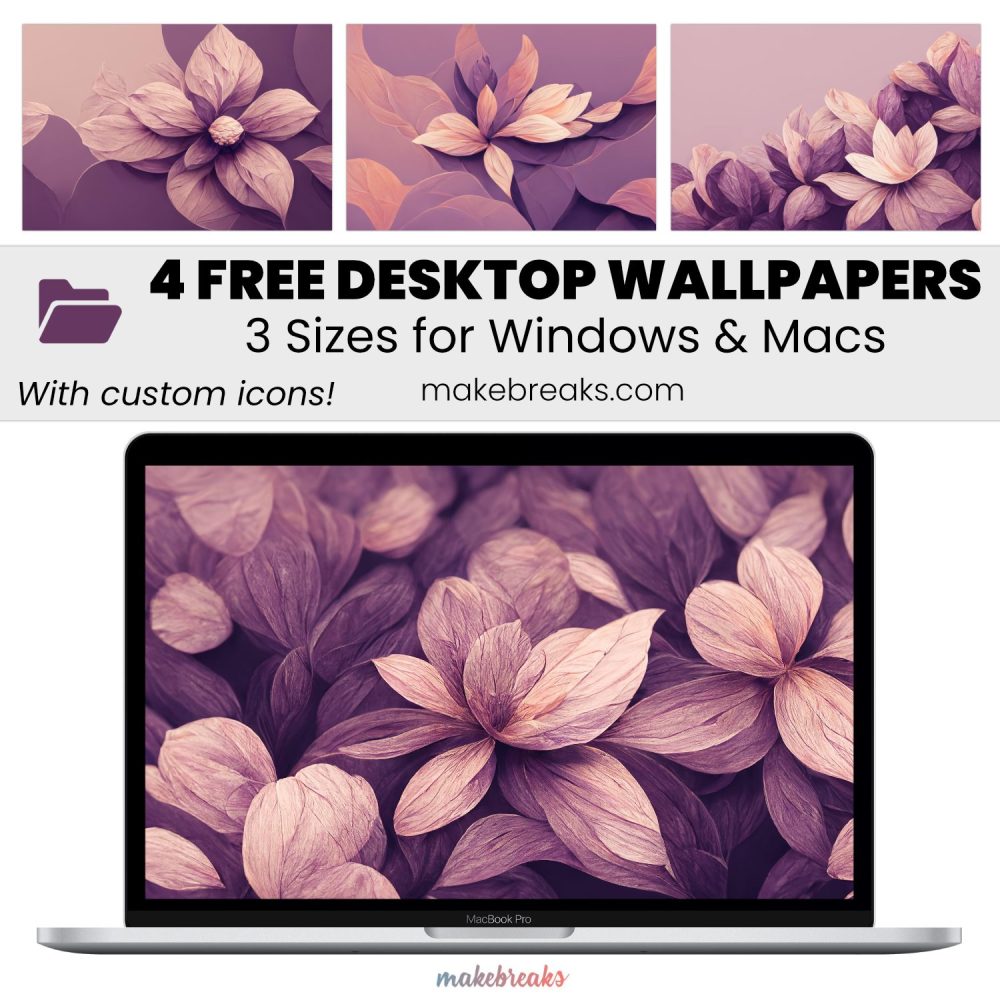 Purple Flowers Wallpaper – Free Aesthetic Desktop Organizer Backgrounds with Custom Icons, 4 Designs in 3 Ratios for Macs and Windows
