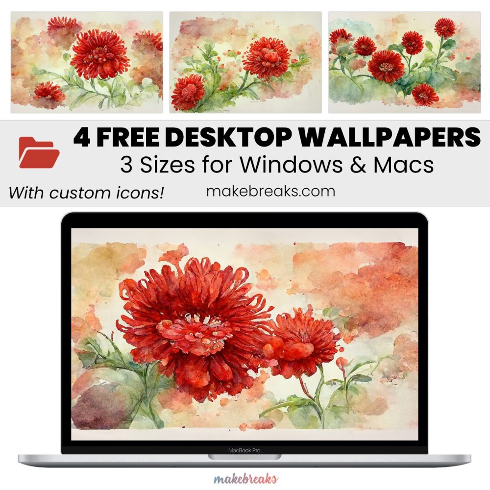 Red Chrysanthemums Flower Wallpaper SET 1 – Free Aesthetic Desktop Organizers with Custom Icons, 4 Designs in 3 Ratios for Macs and Windows