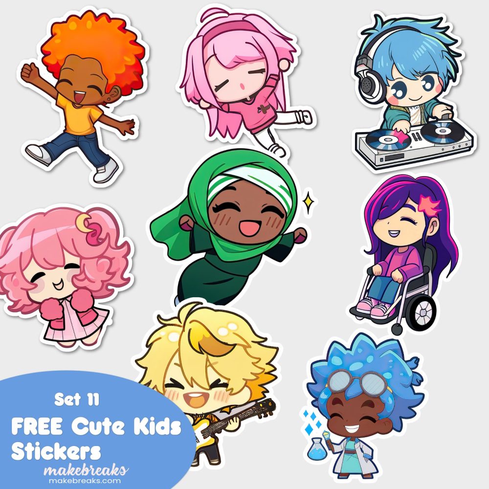 FREE Cute Chibi Style Kids Stickers or Clipart Characters – SET 11