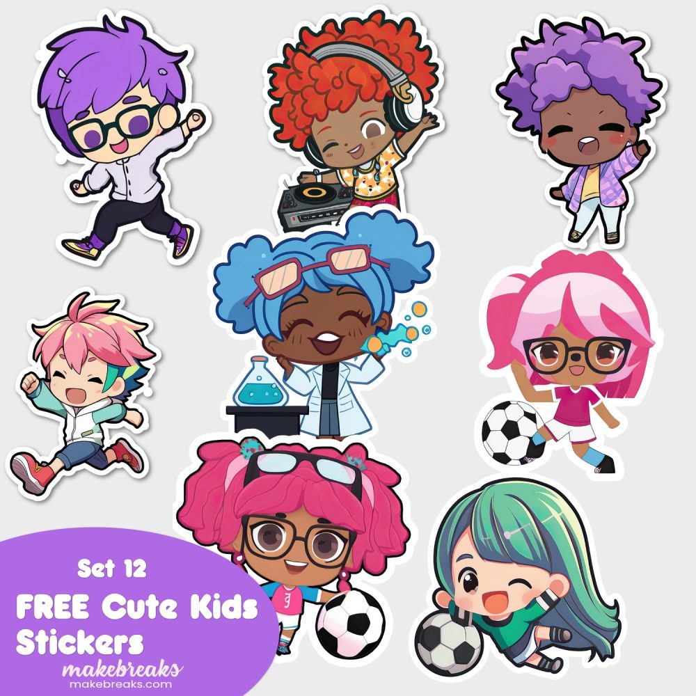 FREE Cute Chibi Style Kids Stickers or Clipart Characters – SET 12