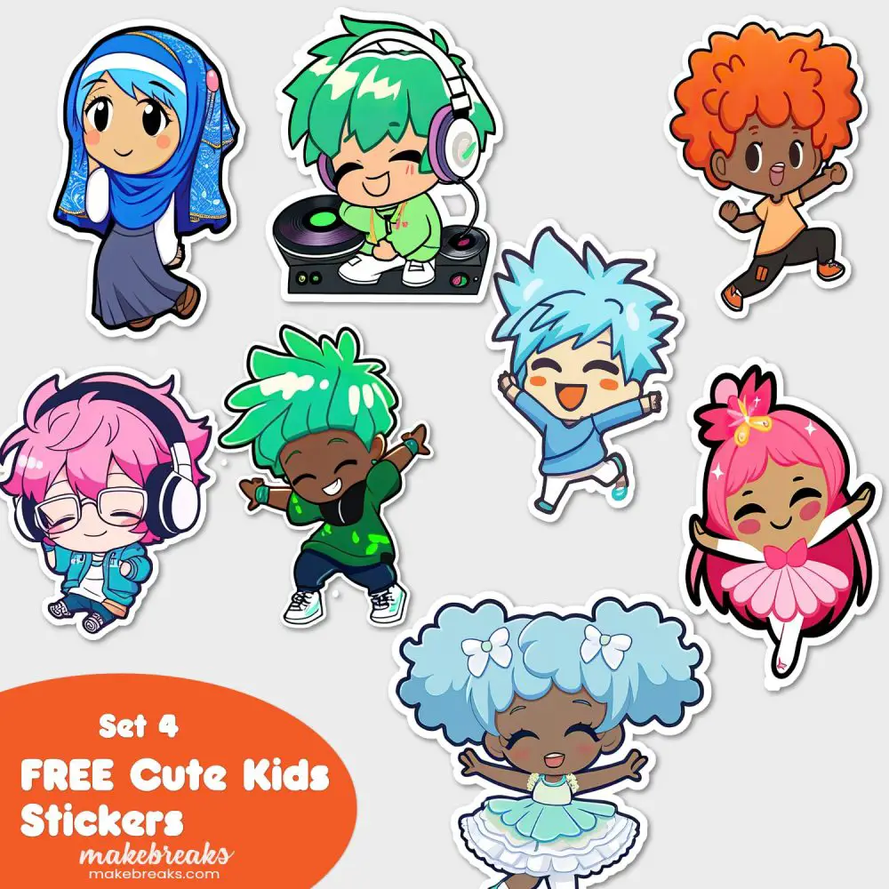 FREE Cute Chibi Style Kids Stickers or Clipart Characters – SET 4
