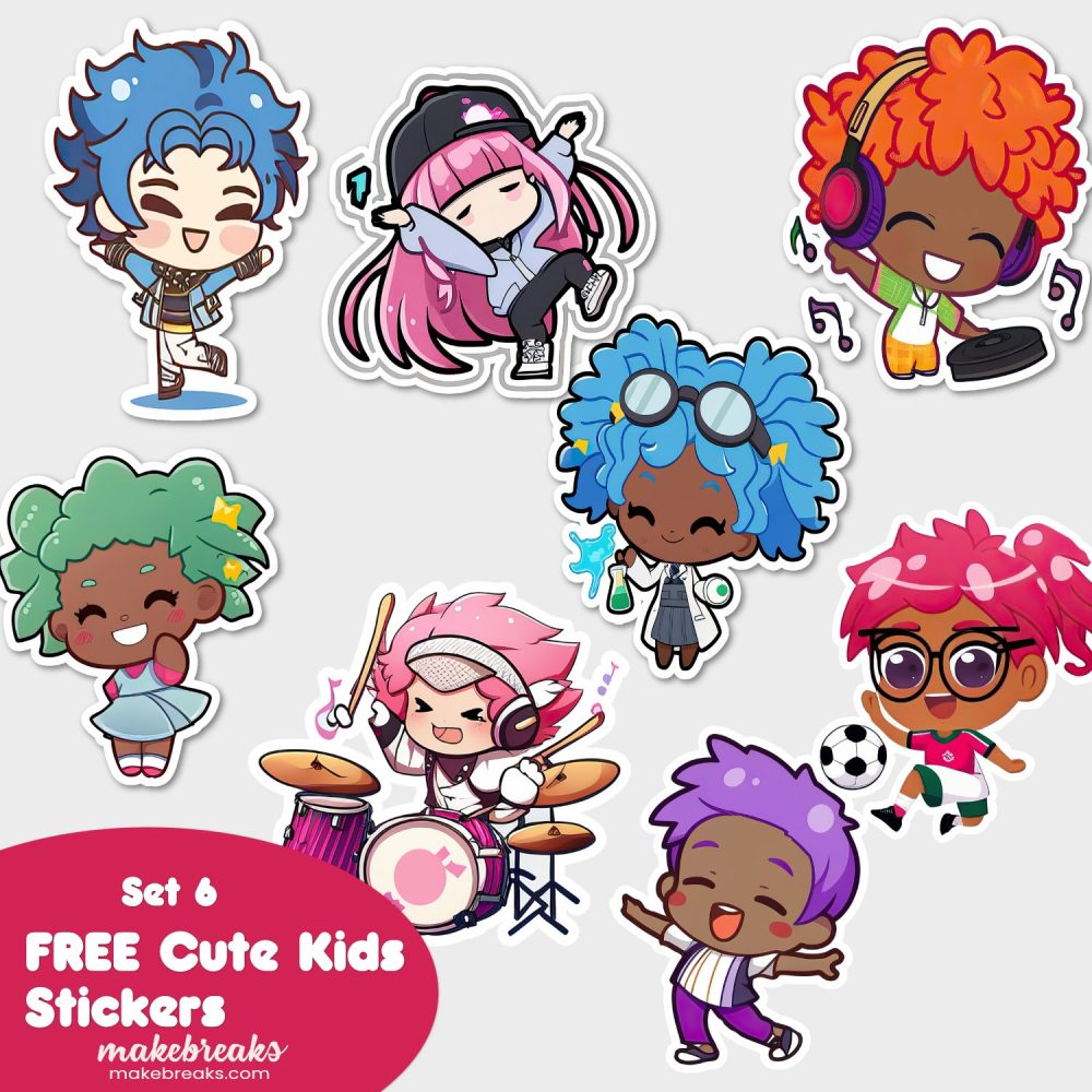 FREE Cute Chibi Style Kids Stickers or Clipart Characters – SET 6