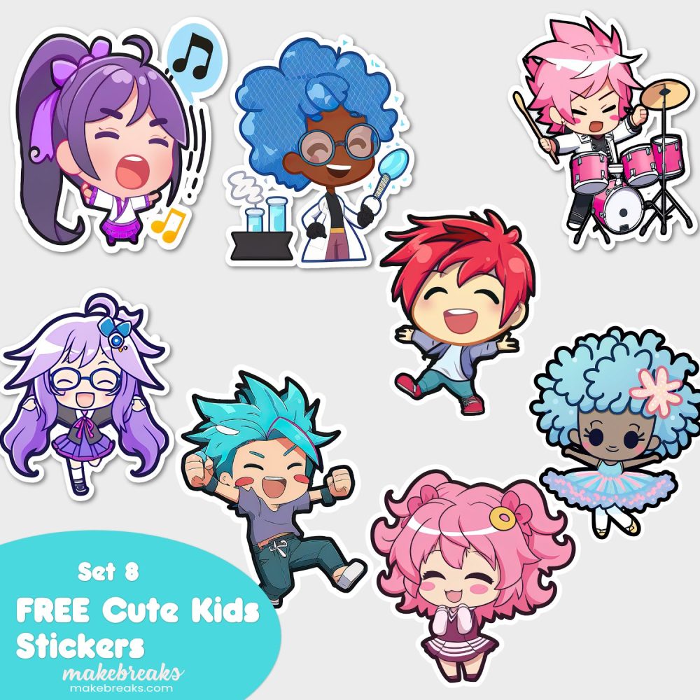 FREE Cute Chibi Style Kids Stickers or Clipart Characters – SET 8