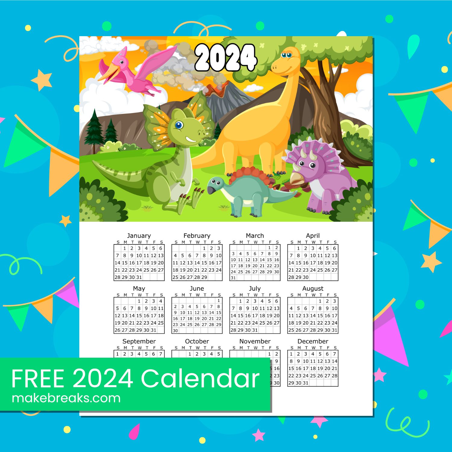 Free Printable Dinosaur Calendar 2024 Make Breaks